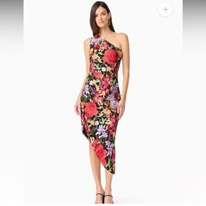 Talia Asymmetrical Midi dress One-Shoulder with Red, Purple & Yellow Flowers